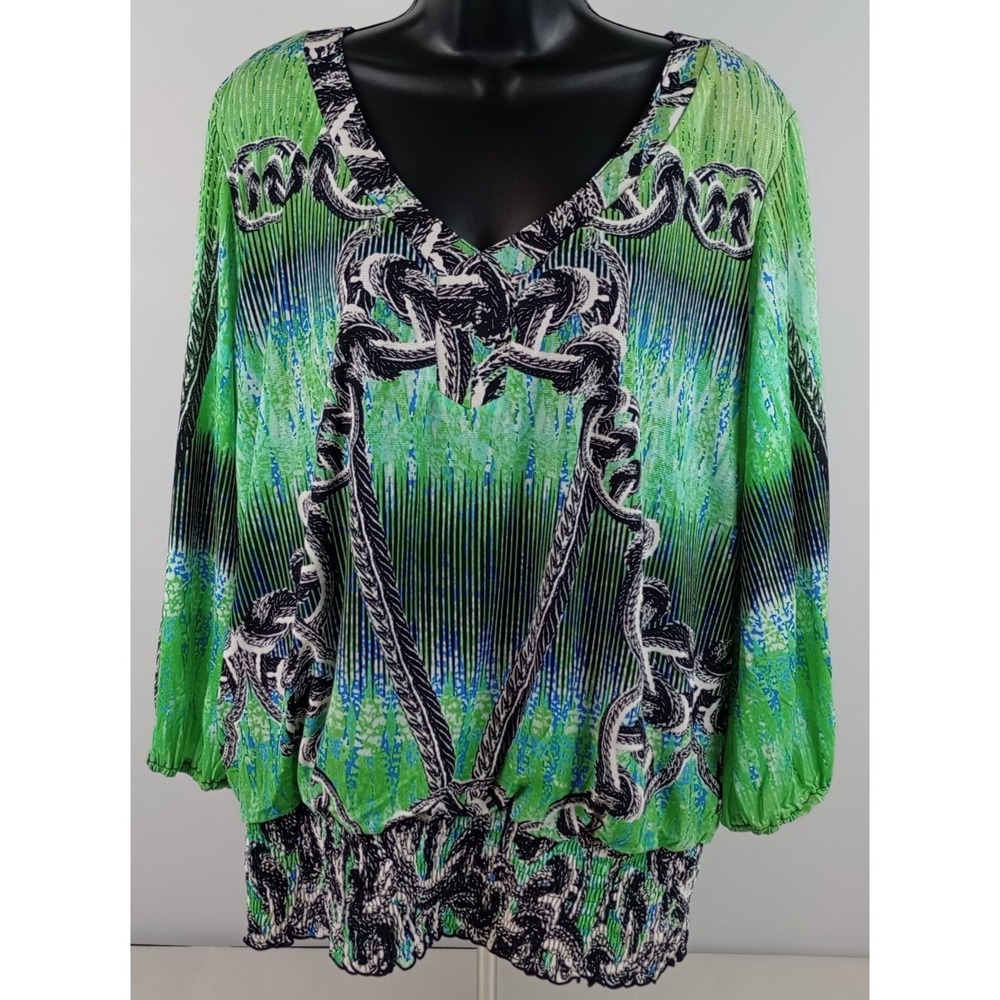 Style & Co Women's XL Lime Green Lined Bishop Sleeve V-Neck Blouse